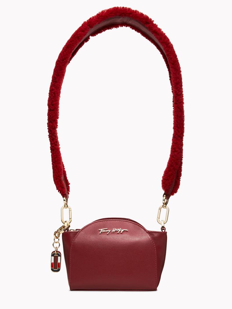 Női Tommy Hilfiger Bőr Clutch with Széles Cipő Fur Pántos Kártyatartó Piros | HU 649FDN